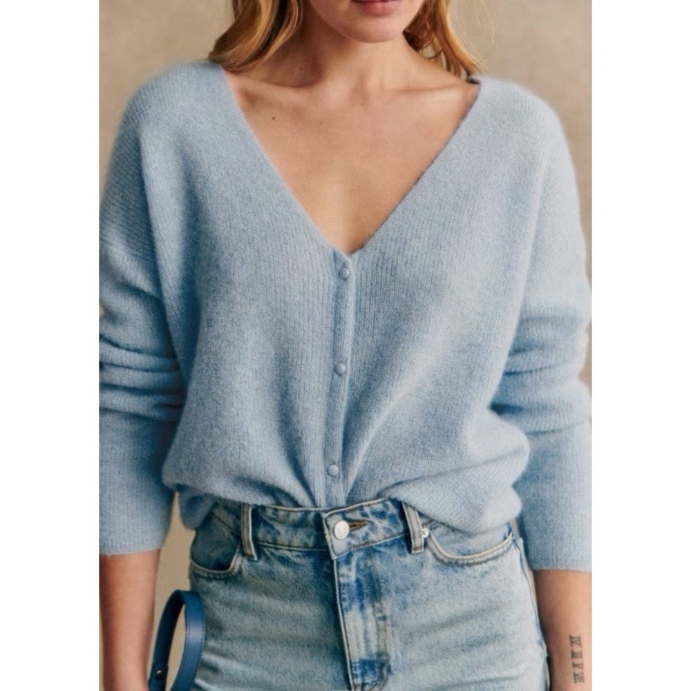 Sézane Barry Cardigan Light Blue Soft Knit Reversible Sweater Sz XL